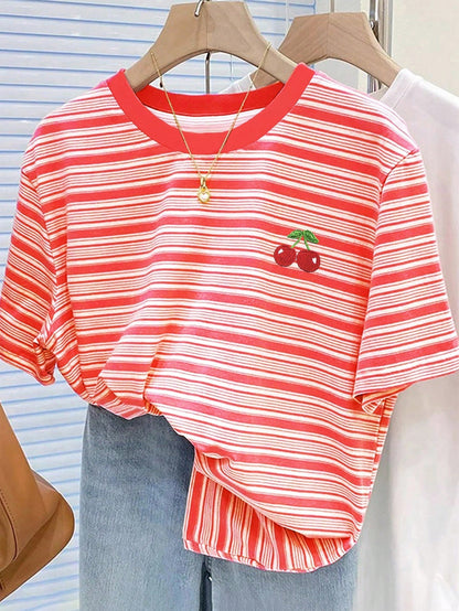Colorful Striped Cherry Embroidery Design Simple Round Neck T-Shirt, A Gift For Friends