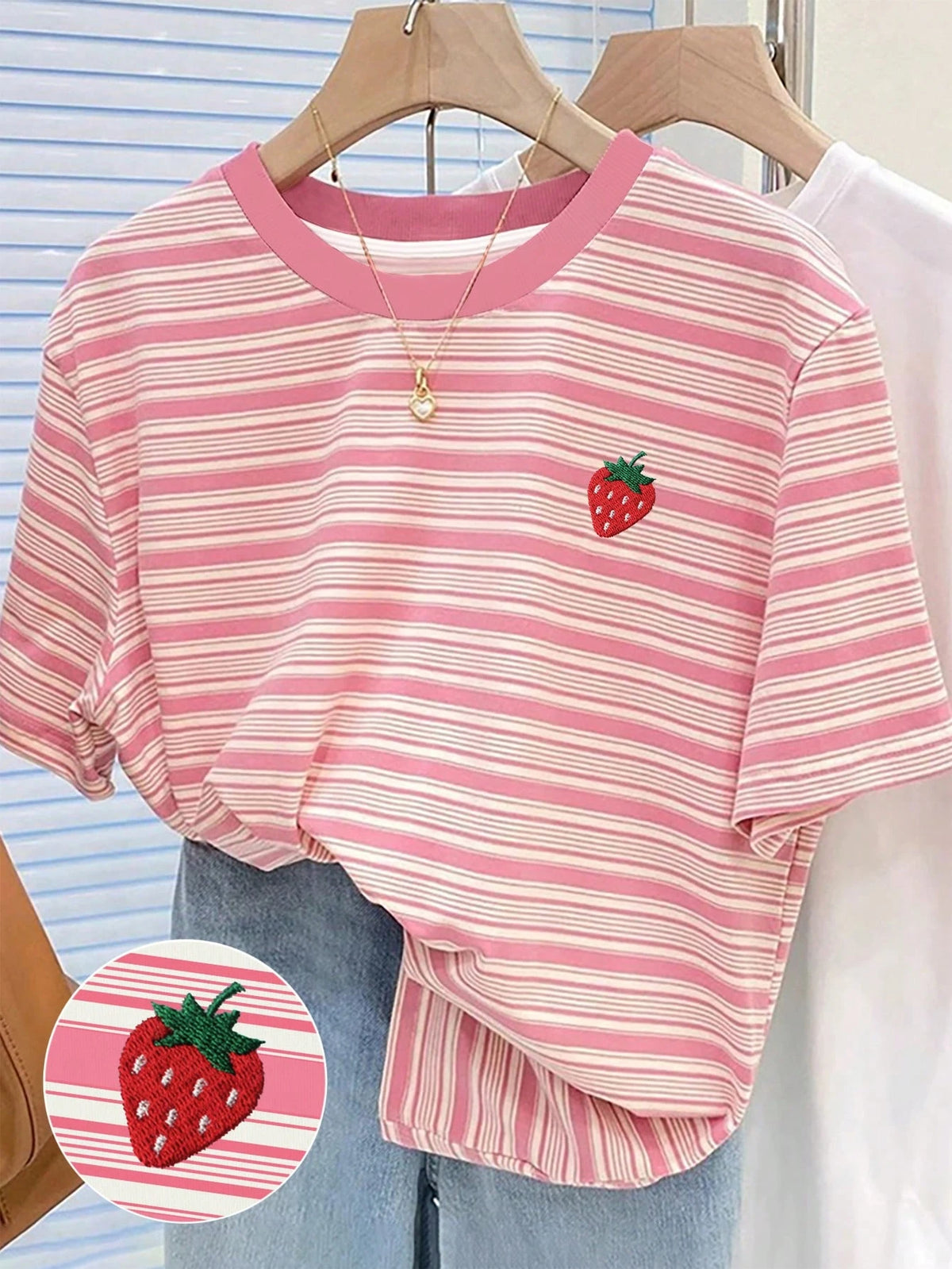 Colorful Striped Cherry Embroidery Design Simple Round Neck T-Shirt, A Gift For Friends