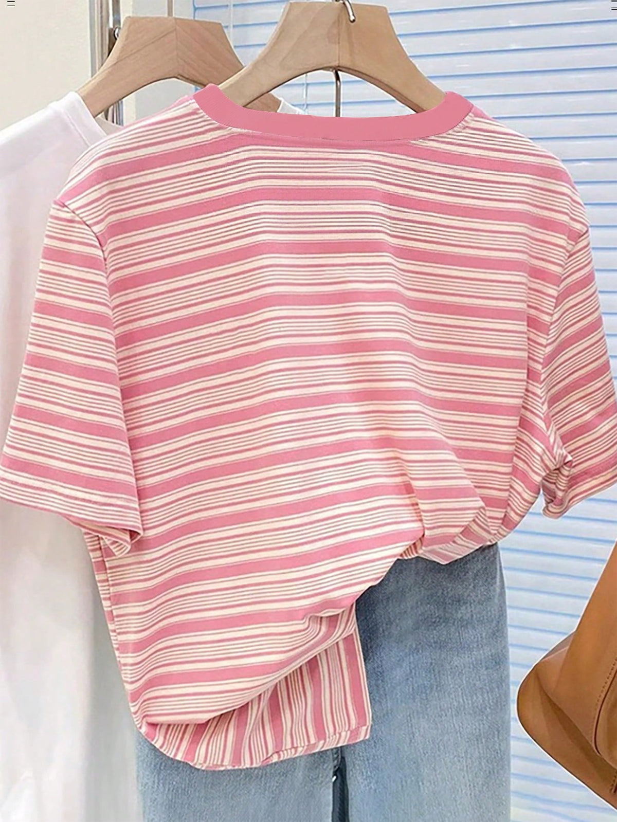 Colorful Striped Cherry Embroidery Design Simple Round Neck T-Shirt, A Gift For Friends