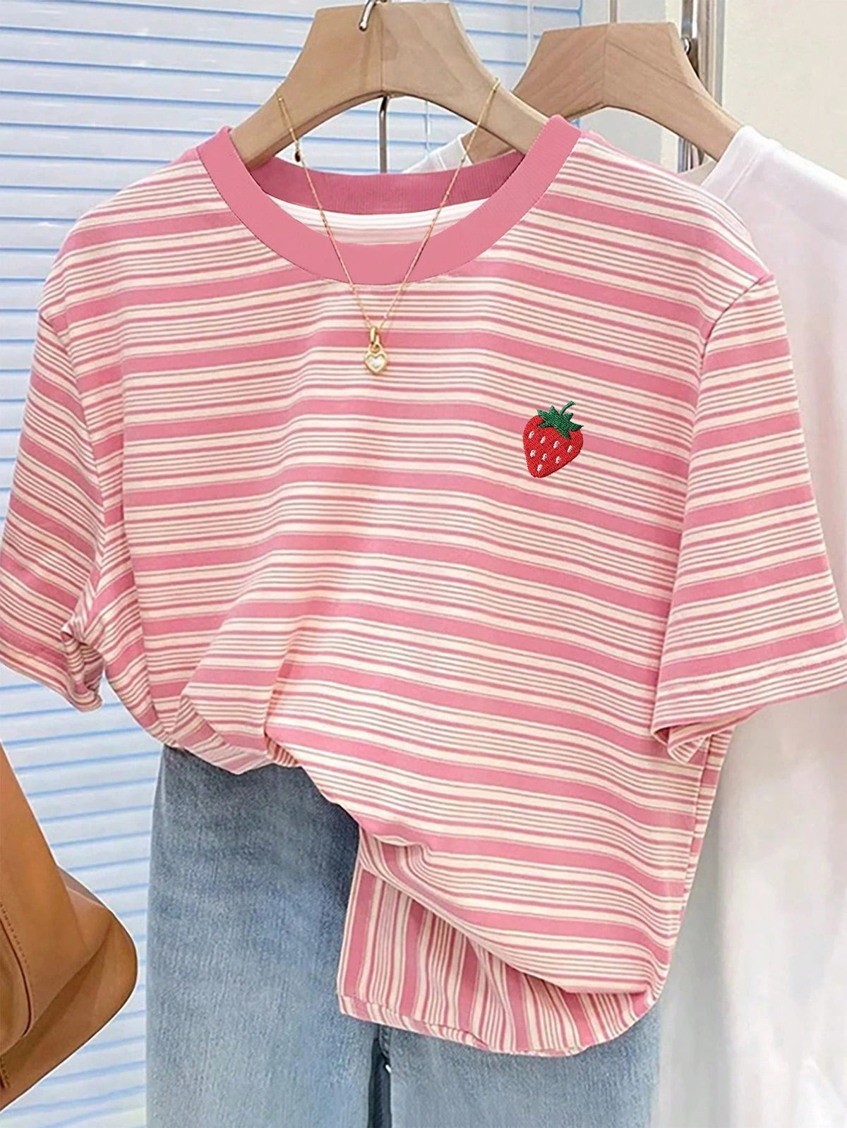 Colorful Striped Cherry Embroidery Design Simple Round Neck T-Shirt, A Gift For Friends