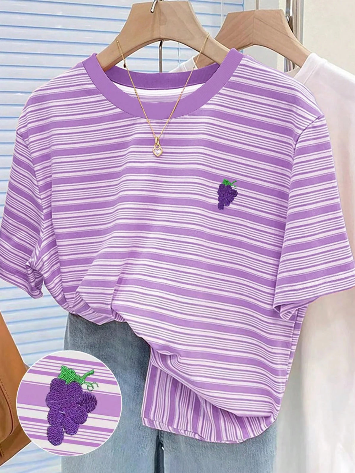 Colorful Striped Cherry Embroidery Design Simple Round Neck T-Shirt, A Gift For Friends