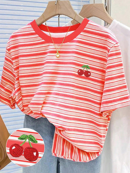Colorful Striped Cherry Embroidery Design Simple Round Neck T-Shirt, A Gift For Friends