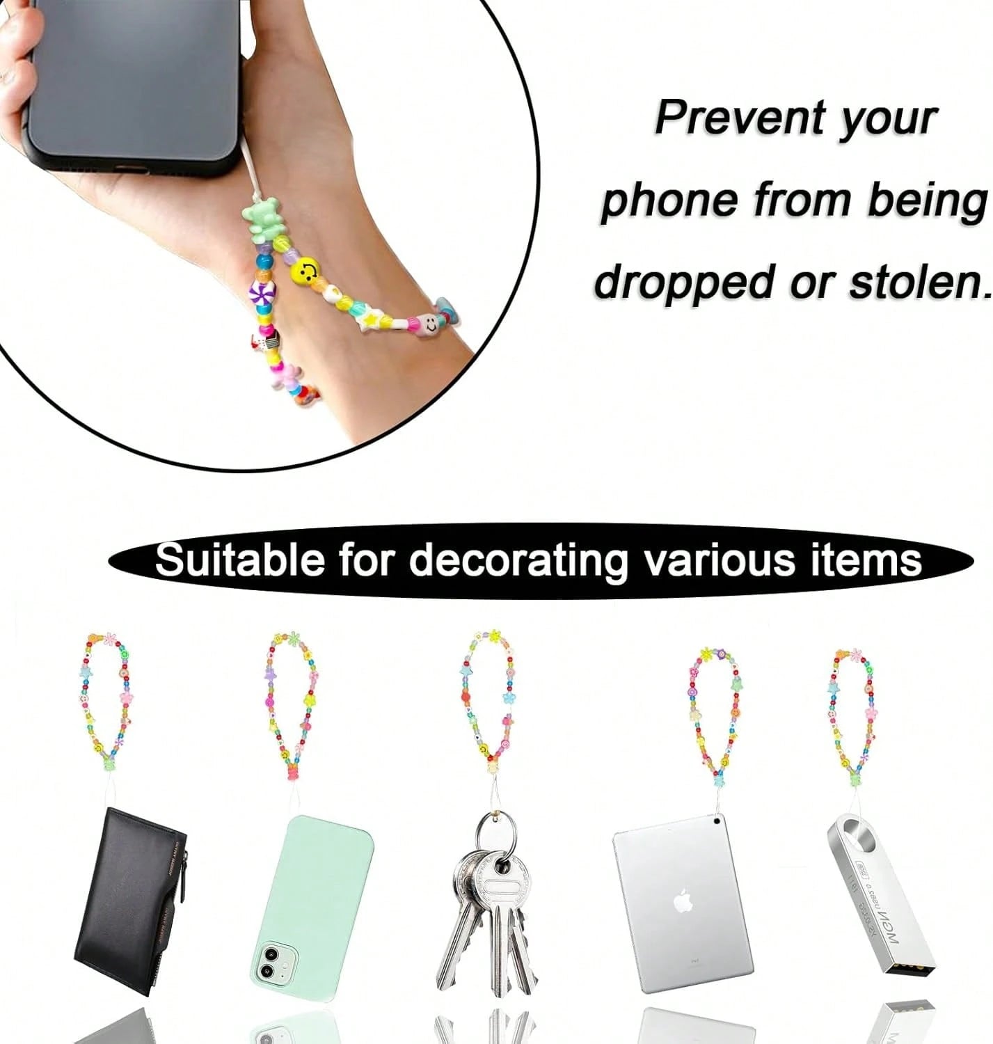 Colourful Phone Accessories Charm String Beads Lanyard Wrist Strap Anti-Lost Phone Chain Face Evil Eye Flower Fruit Star Beaded Mobile Phone Charms Bracelet Phone Keychain