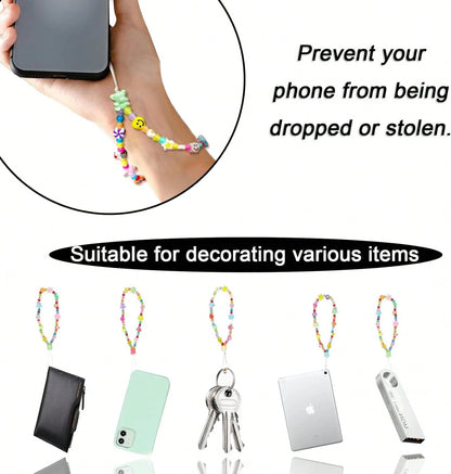 Colourful Phone Accessories Charm String Beads Lanyard Wrist Strap Anti-Lost Phone Chain Face Evil Eye Flower Fruit Star Beaded Mobile Phone Charms Bracelet Phone Keychain