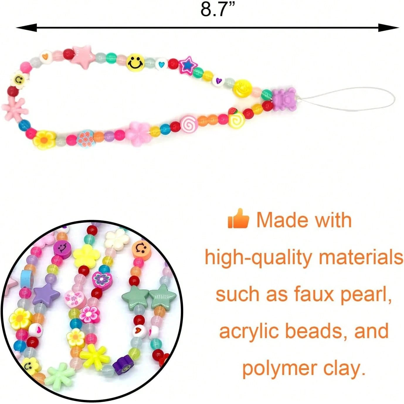 Colourful Phone Accessories Charm String Beads Lanyard Wrist Strap Anti-Lost Phone Chain Face Evil Eye Flower Fruit Star Beaded Mobile Phone Charms Bracelet Phone Keychain
