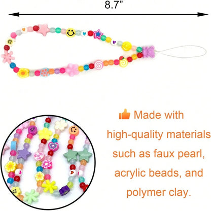 Colourful Phone Accessories Charm String Beads Lanyard Wrist Strap Anti-Lost Phone Chain Face Evil Eye Flower Fruit Star Beaded Mobile Phone Charms Bracelet Phone Keychain