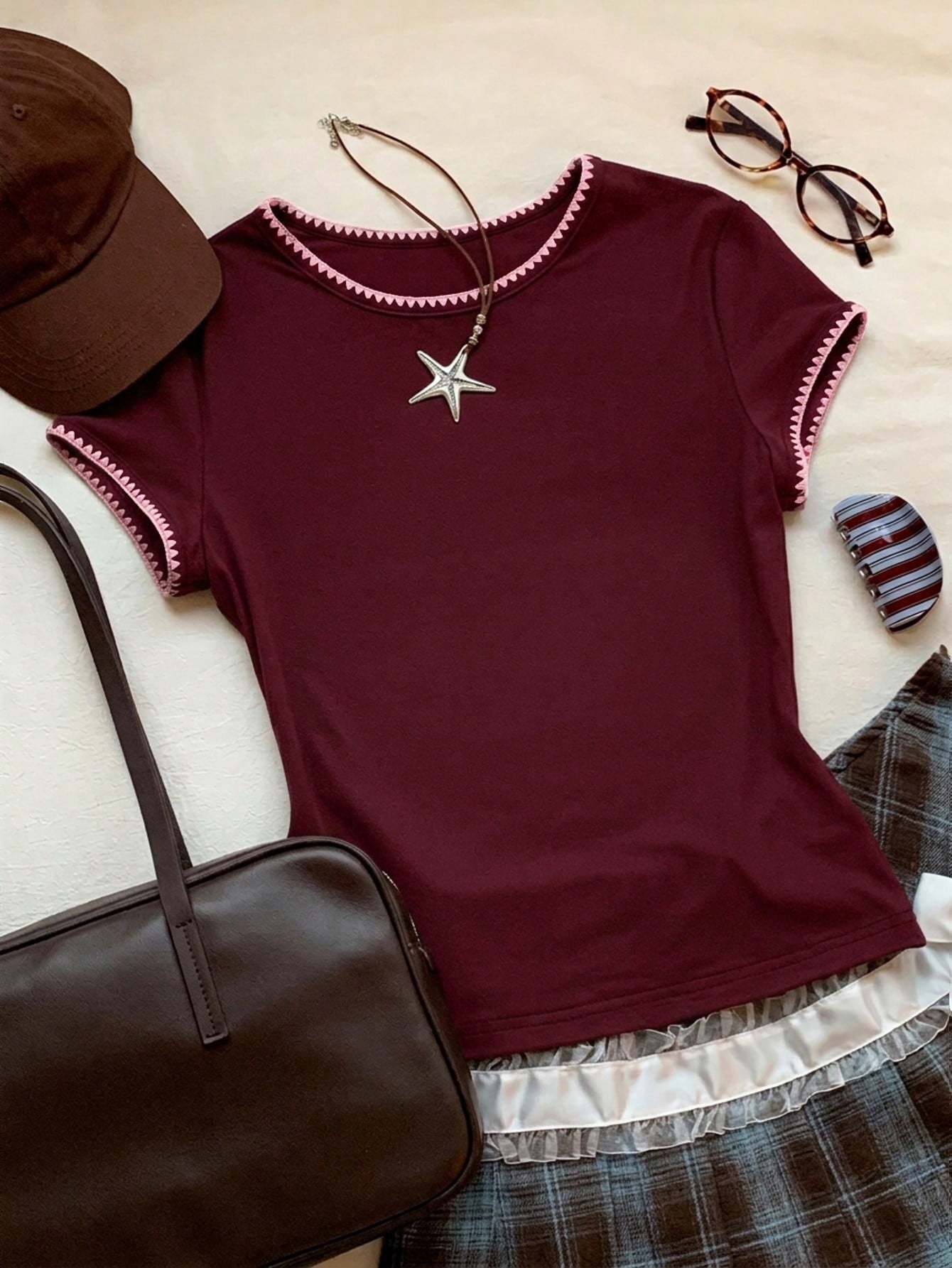 Comfortcana 2026 New Fashion Women's Contrast Trim Round Neck Short Sleeve Casual Versatile T-Shirt, Summer Top, Spring Outdoor Wear, Y2K Purplish Red Blouse