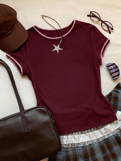 Comfortcana 2026 New Fashion Women's Contrast Trim Round Neck Short Sleeve Casual Versatile T-Shirt, Summer Top, Spring Outdoor Wear, Y2K Purplish Red Blouse
