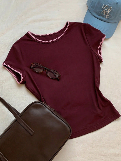 Comfortcana 2026 New Fashion Women's Contrast Trim Round Neck Short Sleeve Casual Versatile T-Shirt, Summer Top, Spring Outdoor Wear, Y2K Purplish Red Blouse
