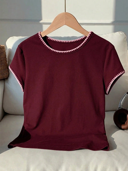 Comfortcana 2026 New Fashion Women's Contrast Trim Round Neck Short Sleeve Casual Versatile T-Shirt, Summer Top, Spring Outdoor Wear, Y2K Purplish Red Blouse