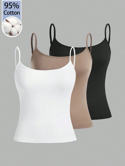 Comfortcana 3pcs Women's Solid Color Casual Versatile Camisole Tank Top, Black And White,Summer,Basics,Everyday Spaghetti Cami Multipack Body Tops