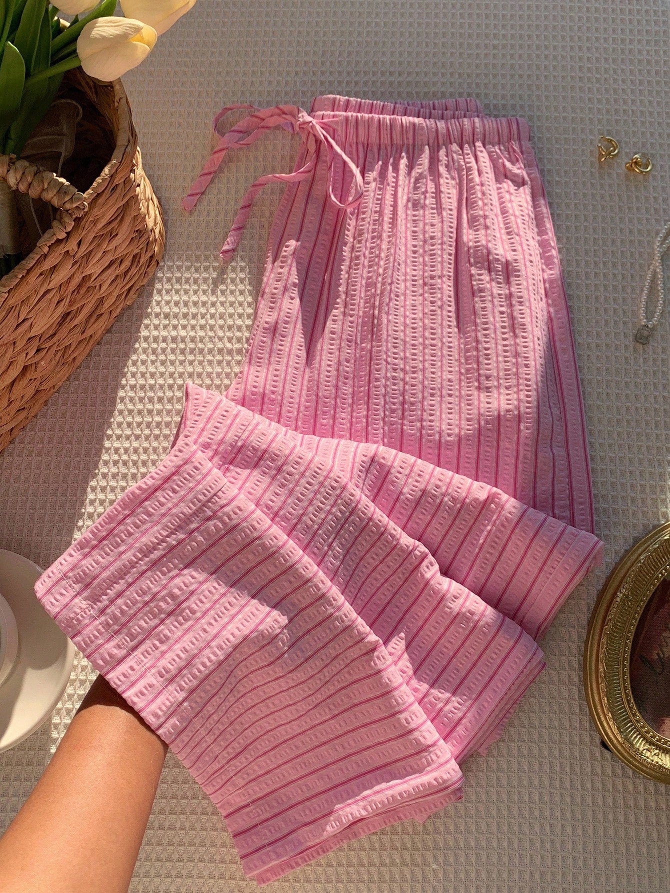 Comfortcana Comfortable Pink Striped Woven Fabric Pants With Adjustable Drawstring Waist,Fall Pink Bottoms For Women