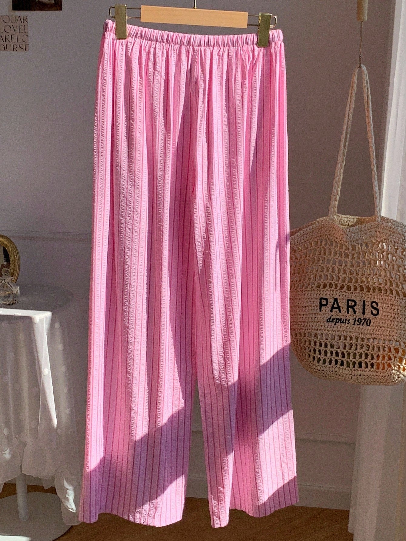 Comfortcana Comfortable Pink Striped Woven Fabric Pants With Adjustable Drawstring Waist,Fall Pink Bottoms For Women