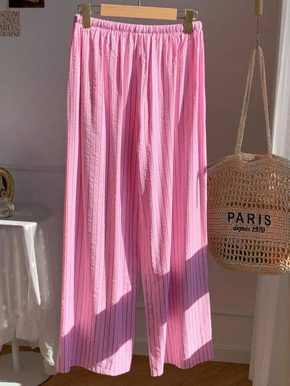 Comfortcana Comfortable Pink Striped Woven Fabric Pants With Adjustable Drawstring Waist,Fall Pink Bottoms For Women