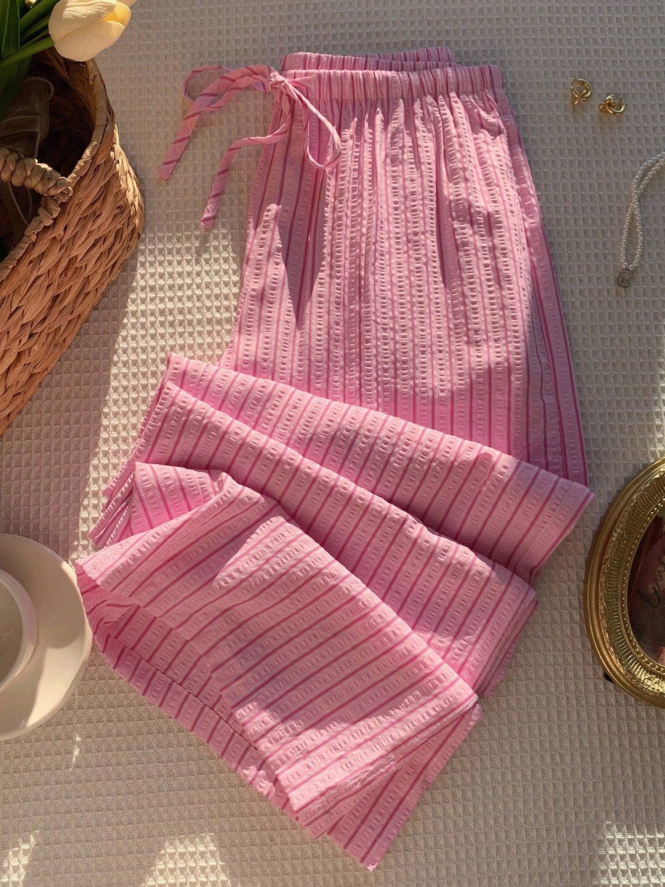 Comfortcana Comfortable Pink Striped Woven Fabric Pants With Adjustable Drawstring Waist,Fall Pink Bottoms For Women