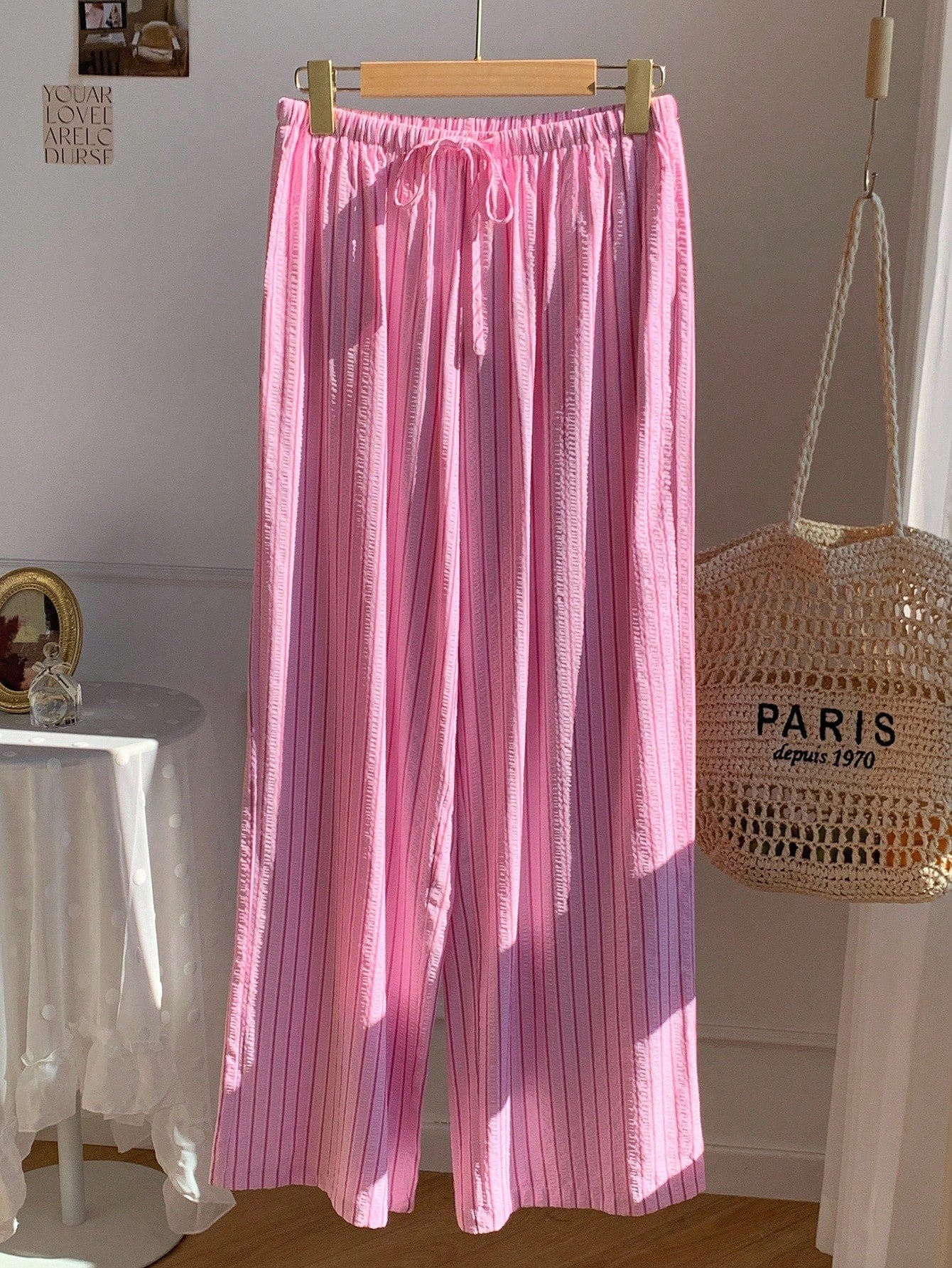 Comfortcana Comfortable Pink Striped Woven Fabric Pants With Adjustable Drawstring Waist,Fall Pink Bottoms For Women