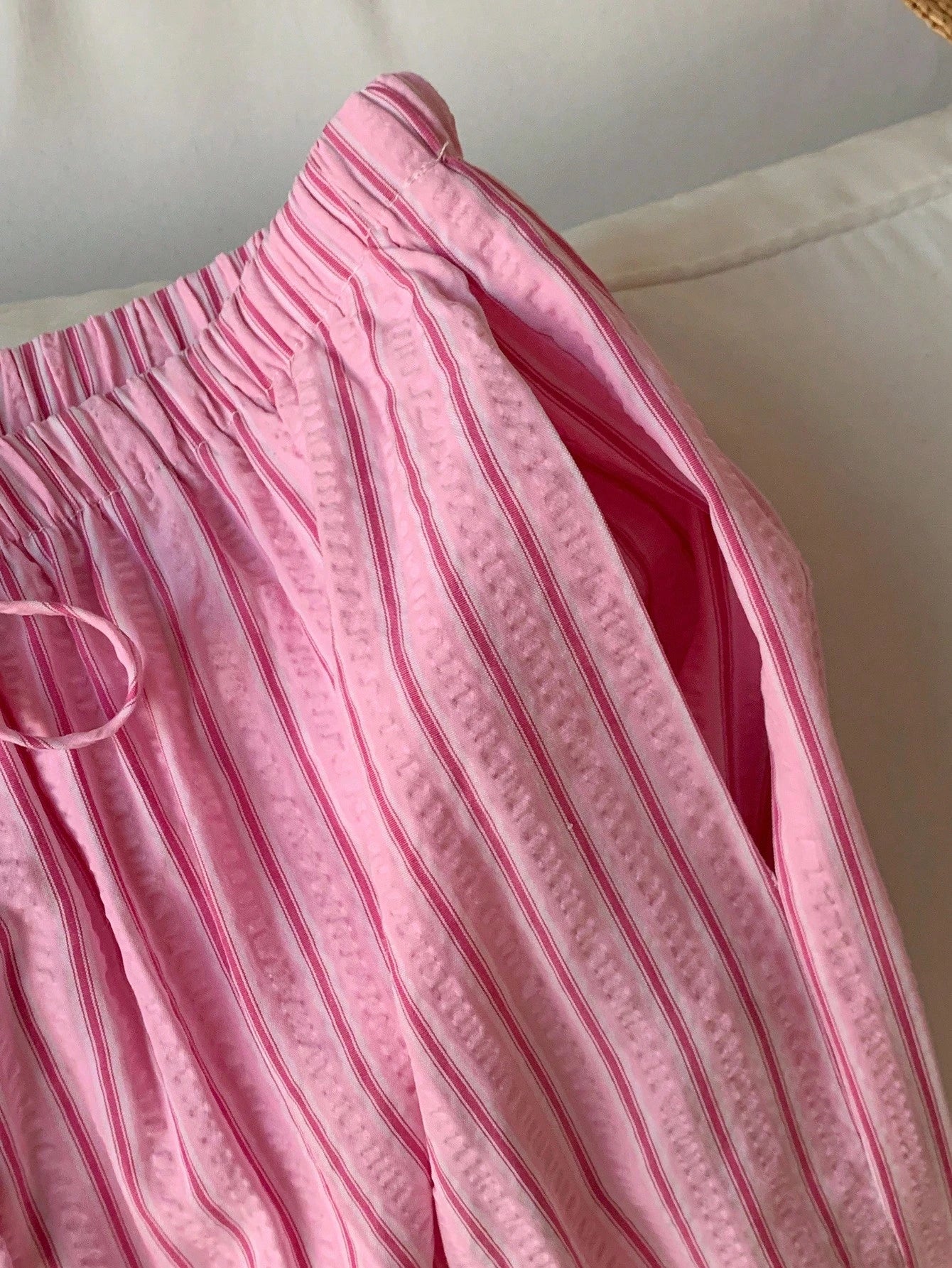 Comfortcana Comfortable Pink Striped Woven Fabric Pants With Adjustable Drawstring Waist,Fall Pink Bottoms For Women