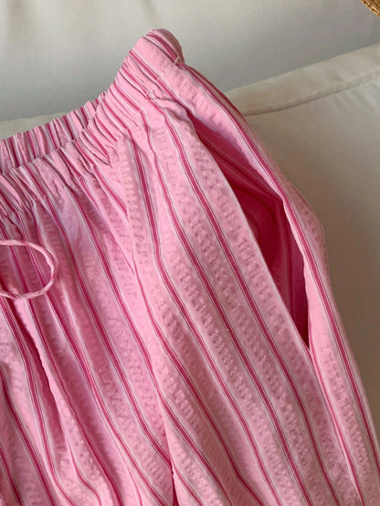 Comfortcana Comfortable Pink Striped Woven Fabric Pants With Adjustable Drawstring Waist,Fall Pink Bottoms For Women