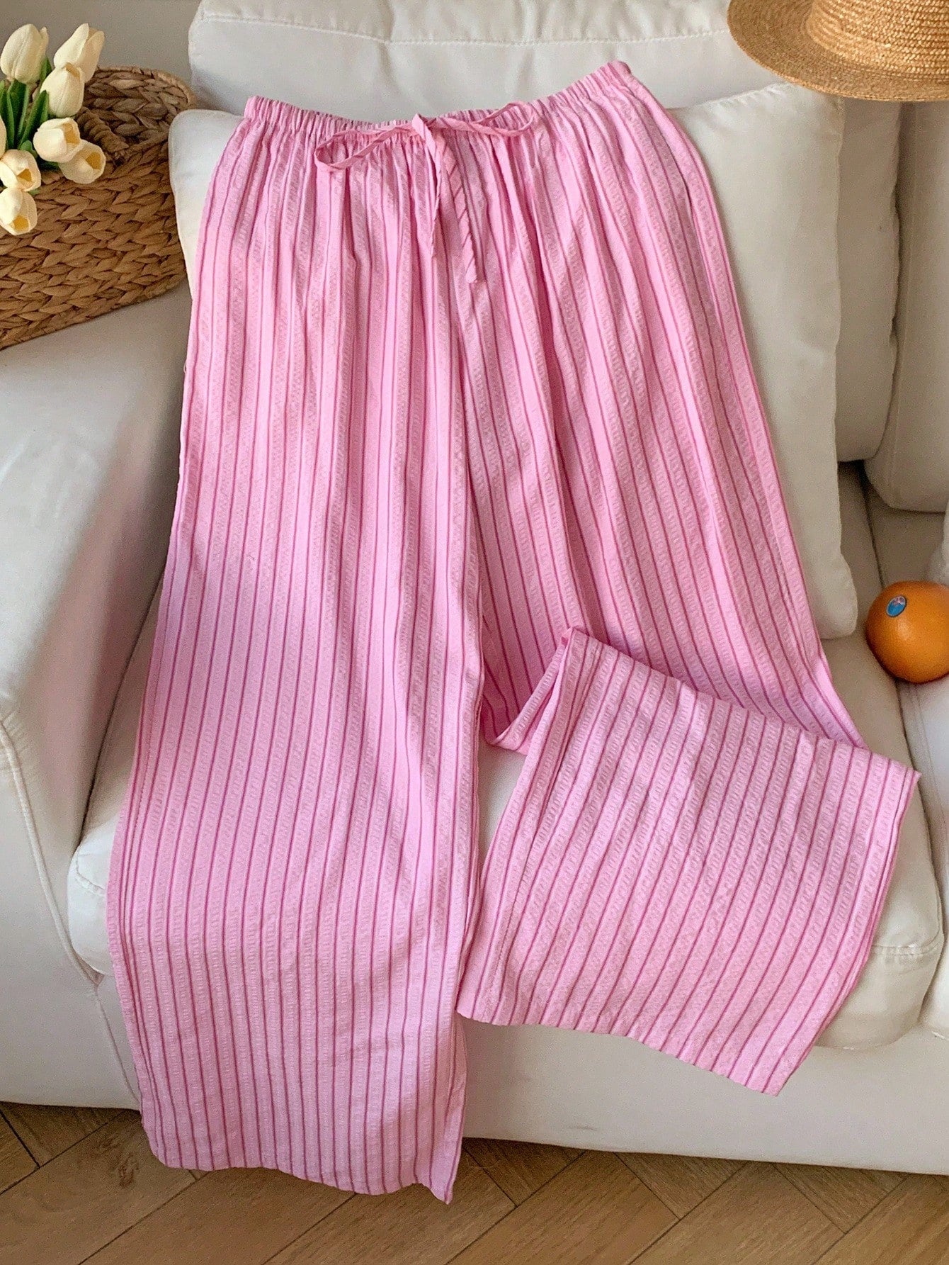 Comfortcana Comfortable Pink Striped Woven Fabric Pants With Adjustable Drawstring Waist,Fall Pink Bottoms For Women