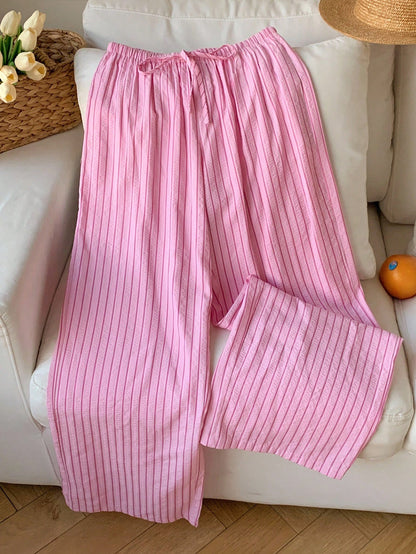 Comfortcana Comfortable Pink Striped Woven Fabric Pants With Adjustable Drawstring Waist,Fall Pink Bottoms For Women
