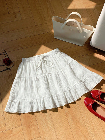 Comfortcana Holiday Autumn White Waist Tie Casual Skirt For Women, Versatile Holiday Picnic