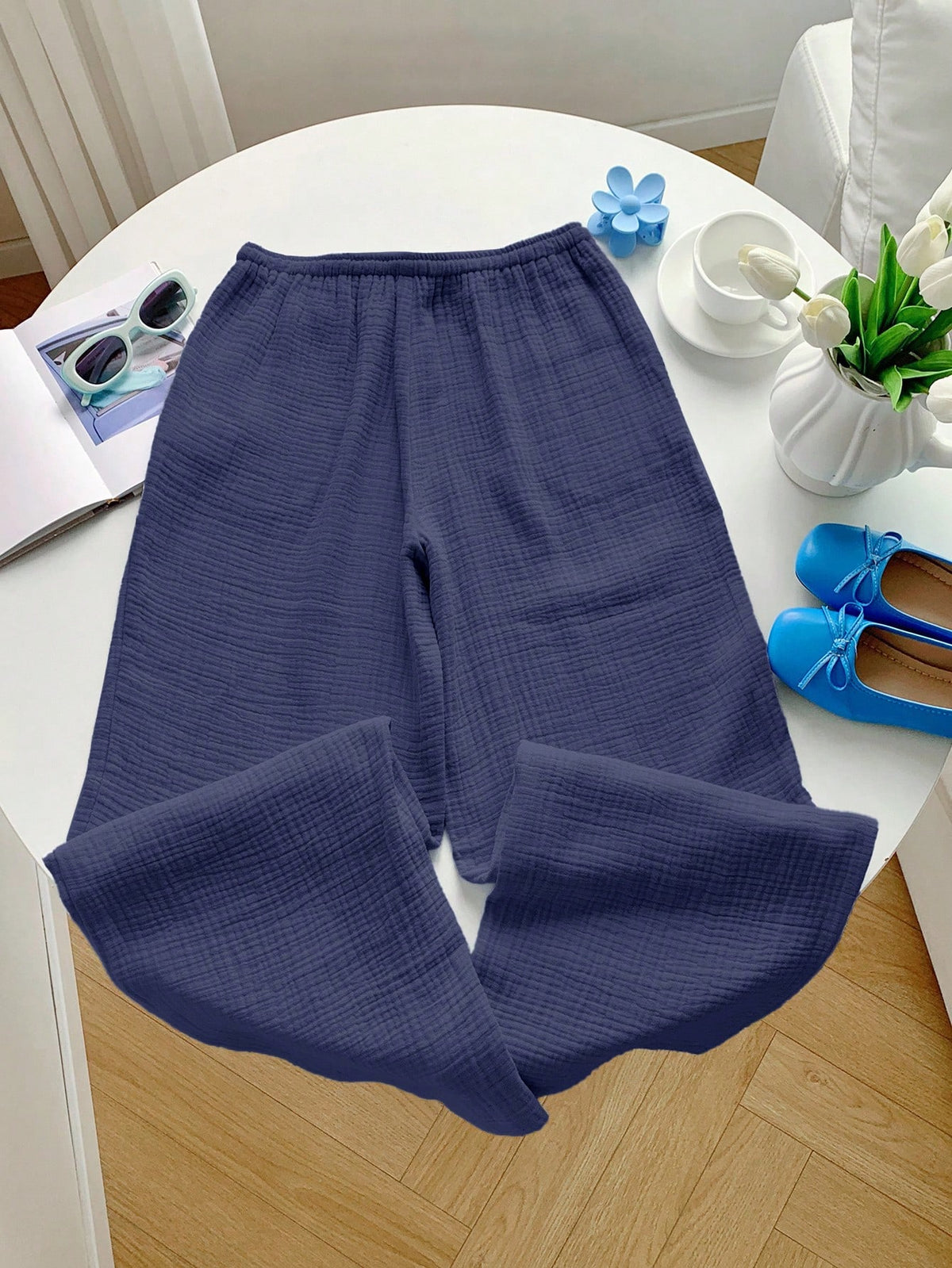 Comfortcana Navy Blue Straight Leg Long Pants With Pockets In Breathable Woven Fabric Women Cotton Gauze Pants,Fall Clothing