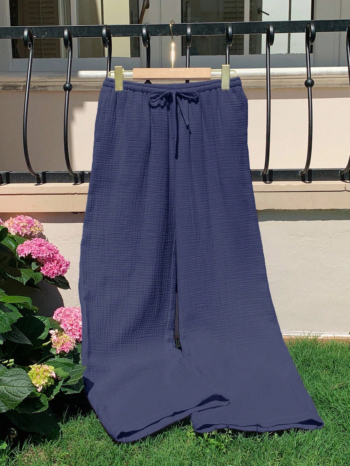 Comfortcana Navy Blue Straight Leg Long Pants With Pockets In Breathable Woven Fabric Women Cotton Gauze Pants,Fall Clothing