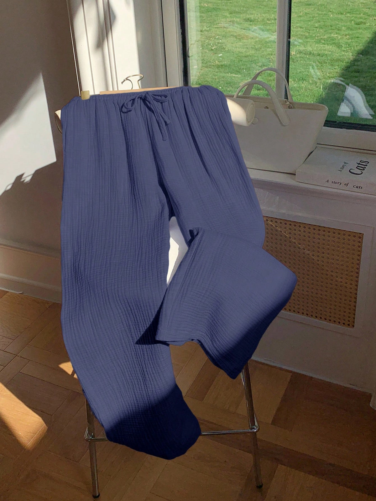 Comfortcana Navy Blue Straight Leg Long Pants With Pockets In Breathable Woven Fabric Women Cotton Gauze Pants,Fall Clothing