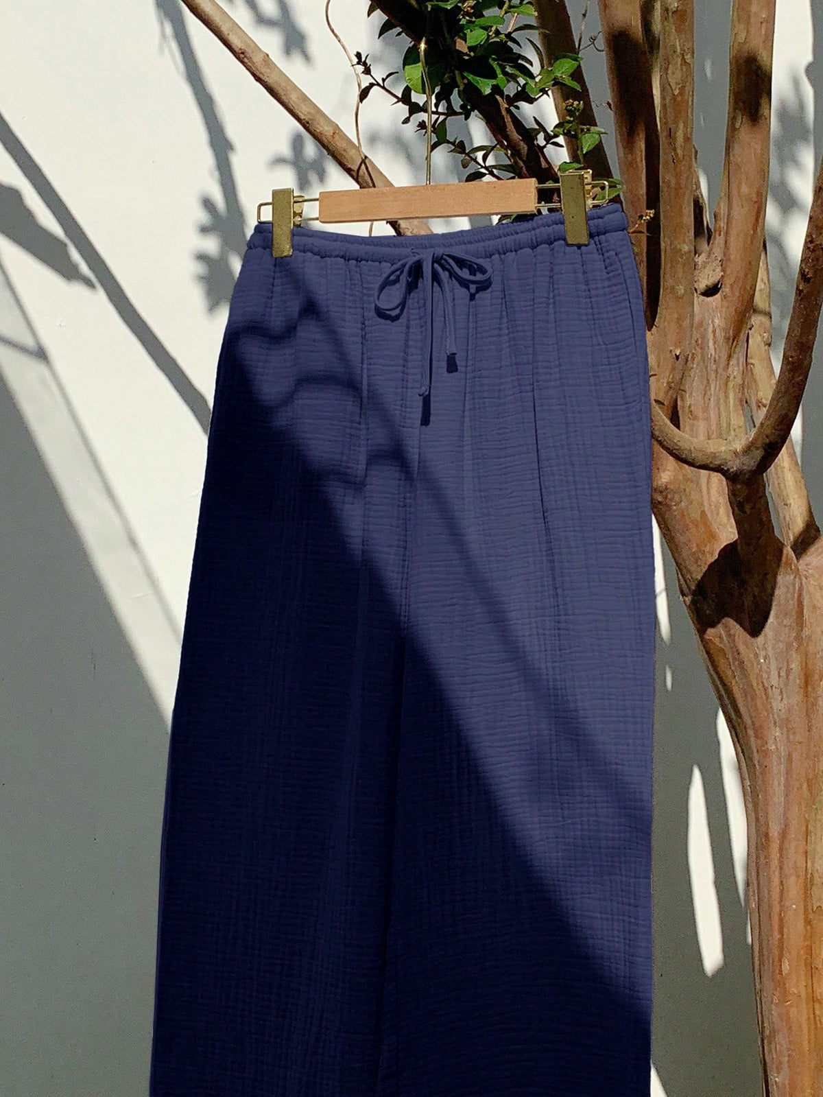 Comfortcana Navy Blue Straight Leg Long Pants With Pockets In Breathable Woven Fabric Women Cotton Gauze Pants,Fall Clothing