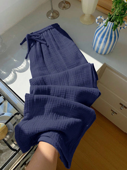 Comfortcana Navy Blue Straight Leg Long Pants With Pockets In Breathable Woven Fabric Women Cotton Gauze Pants,Fall Clothing