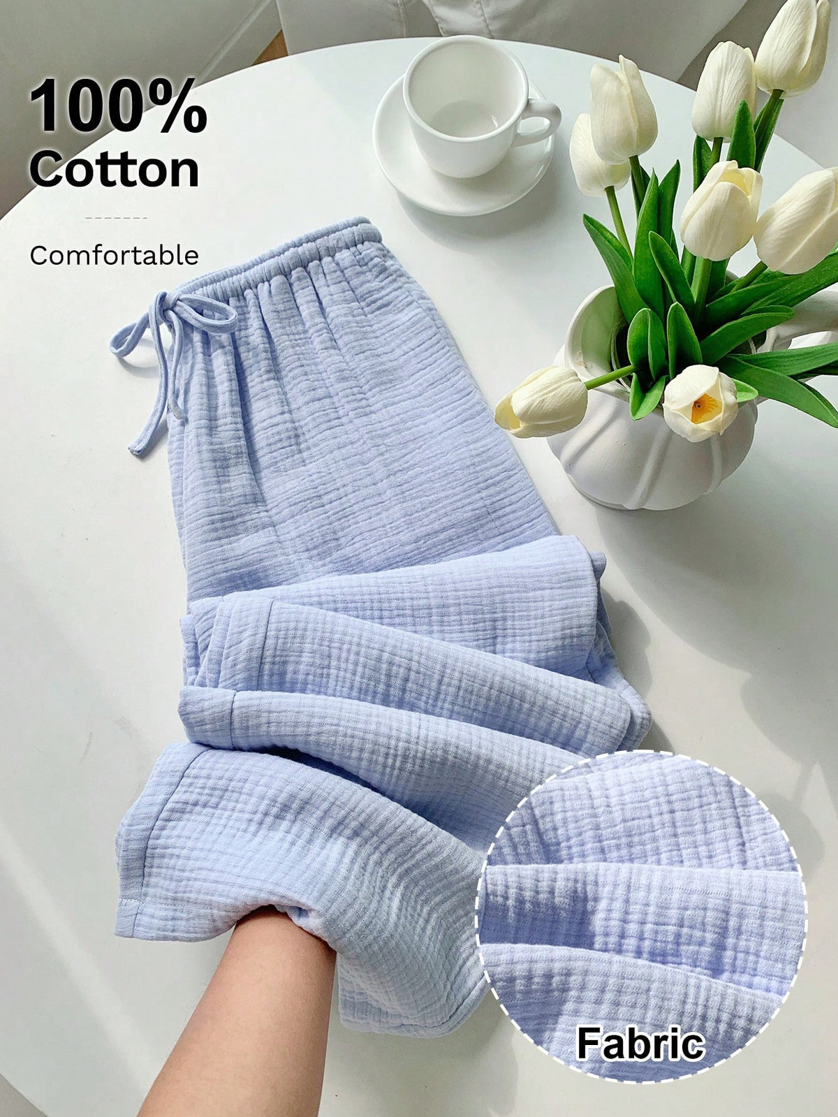 Comfortcana Navy Blue Straight Leg Long Pants With Pockets In Breathable Woven Fabric Women Cotton Gauze Pants,Fall Clothing