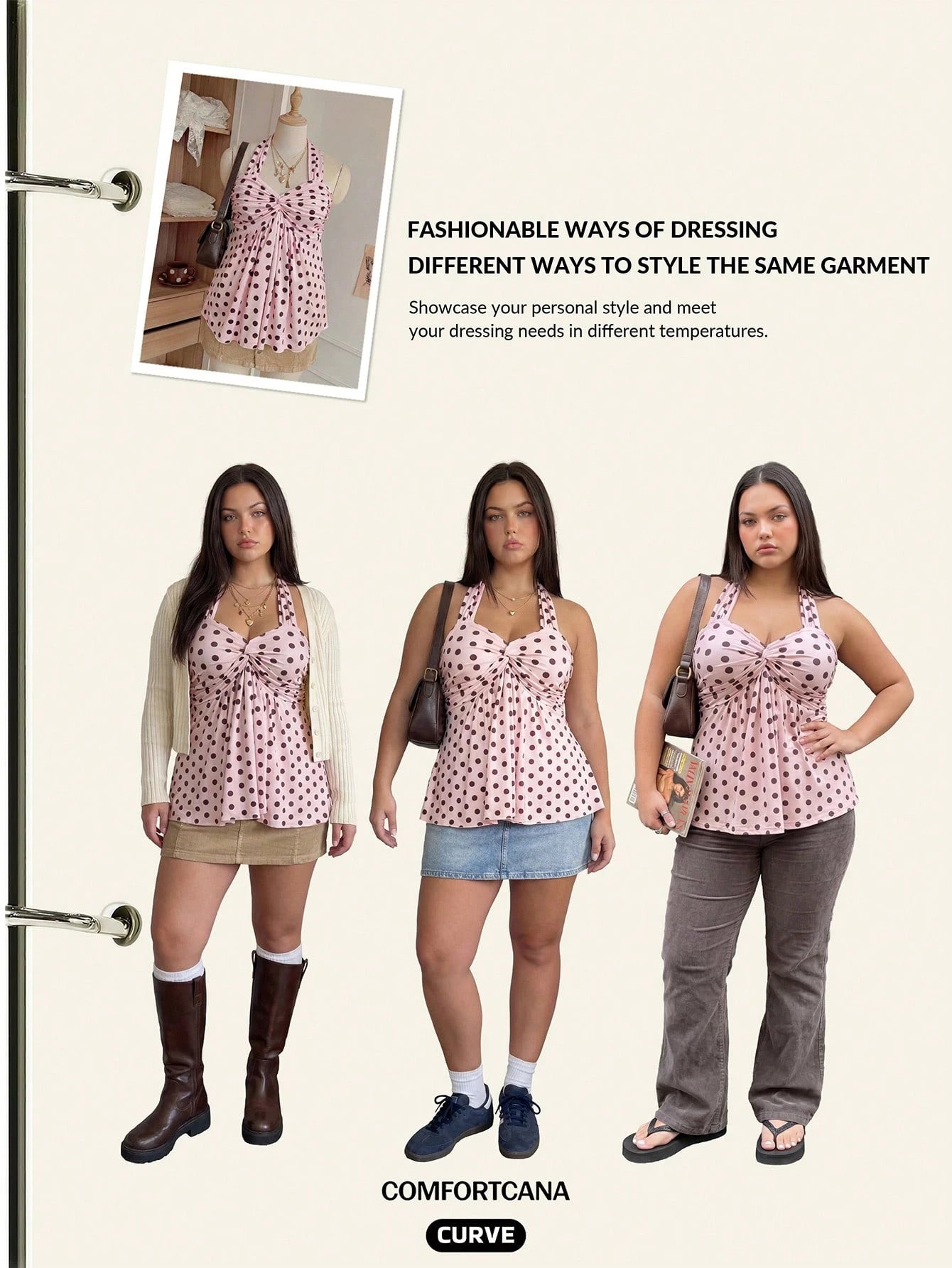Comfortcana Plus Size Women's Casual Cute Vacation Style Spring/Summer New Elastic Pink Polka Dot Spaghetti Strap Ruched Camisole Vacation
