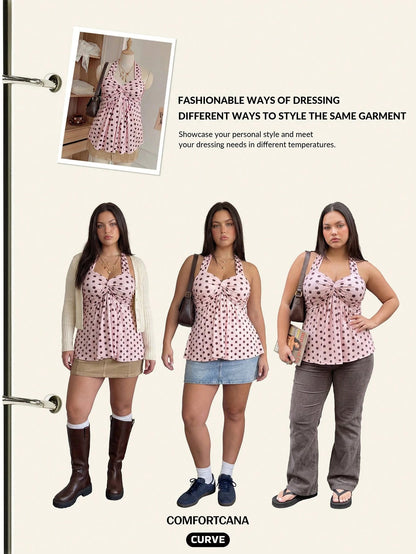 Comfortcana Plus Size Women's Casual Cute Vacation Style Spring/Summer New Elastic Pink Polka Dot Spaghetti Strap Ruched Camisole Vacation