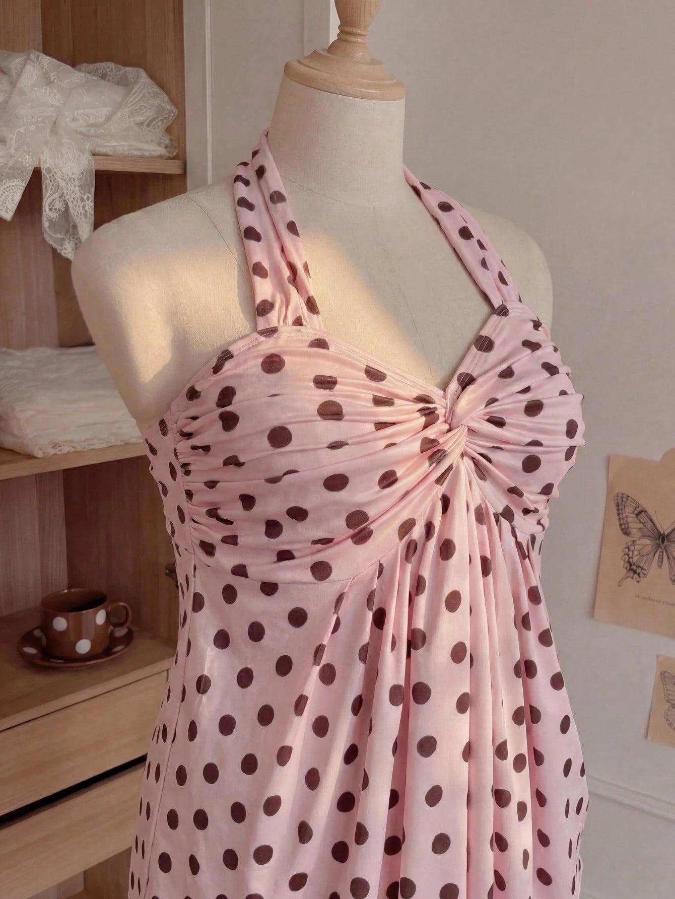 Comfortcana Plus Size Women's Casual Cute Vacation Style Spring/Summer New Elastic Pink Polka Dot Spaghetti Strap Ruched Camisole Vacation