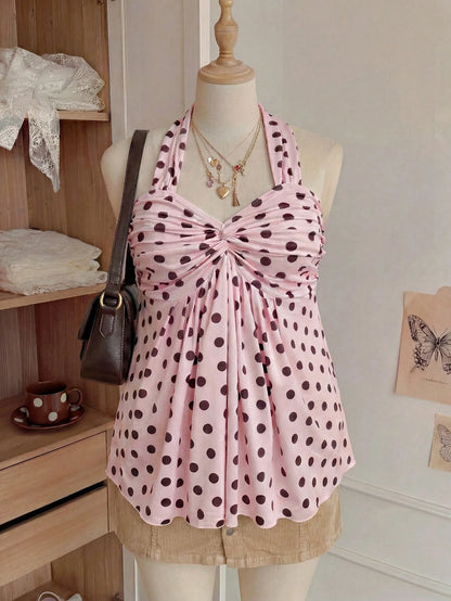 Comfortcana Plus Size Women's Casual Cute Vacation Style Spring/Summer New Elastic Pink Polka Dot Spaghetti Strap Ruched Camisole Vacation
