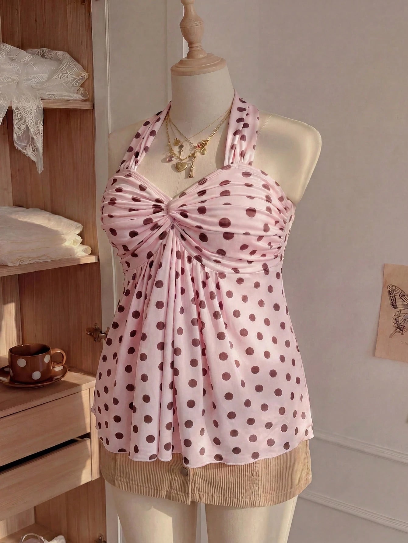 Comfortcana Plus Size Women's Casual Cute Vacation Style Spring/Summer New Elastic Pink Polka Dot Spaghetti Strap Ruched Camisole Vacation