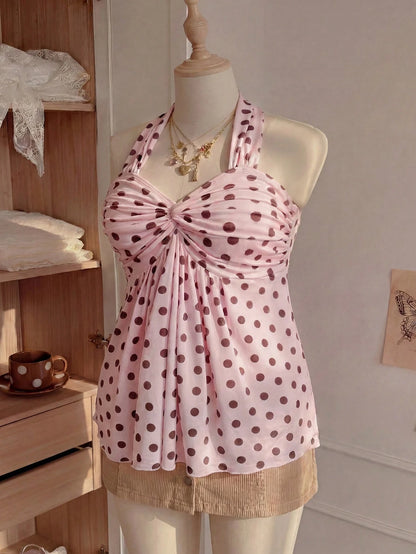 Comfortcana Plus Size Women's Casual Cute Vacation Style Spring/Summer New Elastic Pink Polka Dot Spaghetti Strap Ruched Camisole Vacation