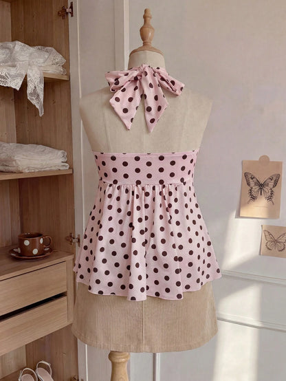 Comfortcana Plus Size Women's Casual Cute Vacation Style Spring/Summer New Elastic Pink Polka Dot Spaghetti Strap Ruched Camisole Vacation