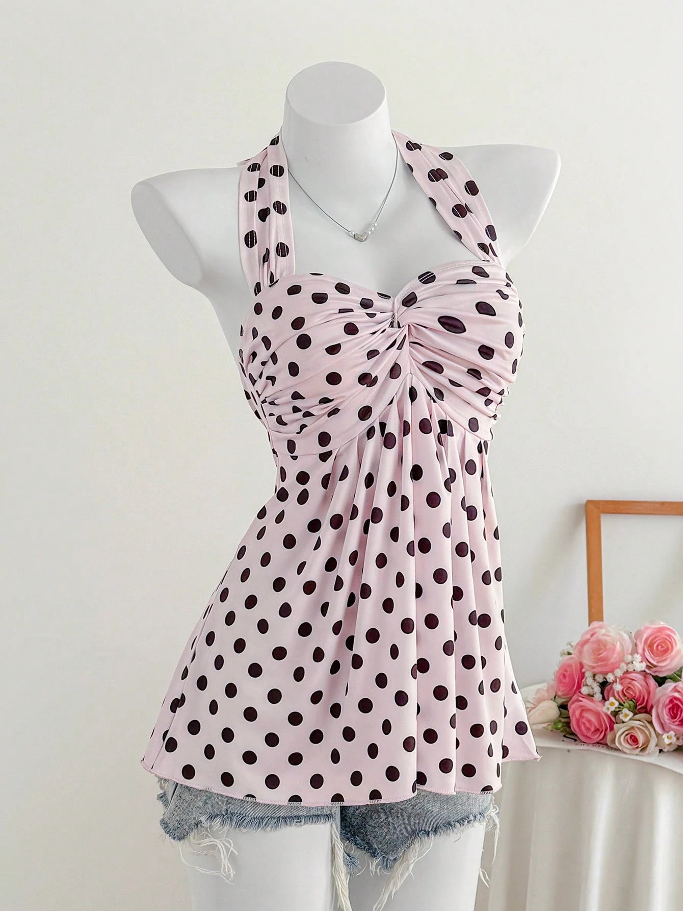 Comfortcana Plus Size Women's Casual Cute Vacation Style Spring/Summer New Elastic Pink Polka Dot Spaghetti Strap Ruched Camisole Vacation