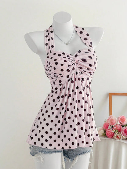 Comfortcana Plus Size Women's Casual Cute Vacation Style Spring/Summer New Elastic Pink Polka Dot Spaghetti Strap Ruched Camisole Vacation