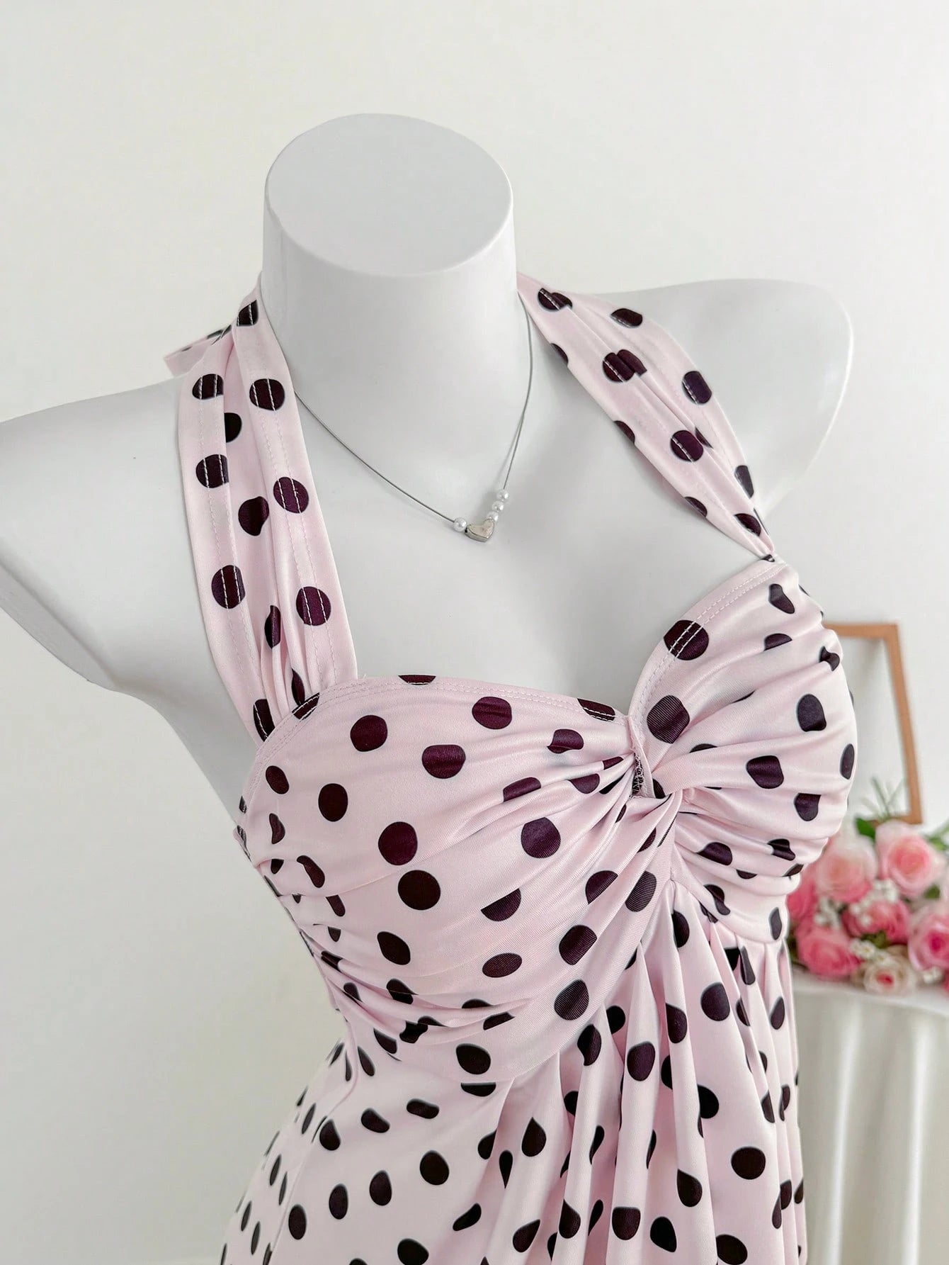 Comfortcana Plus Size Women's Casual Cute Vacation Style Spring/Summer New Elastic Pink Polka Dot Spaghetti Strap Ruched Camisole Vacation