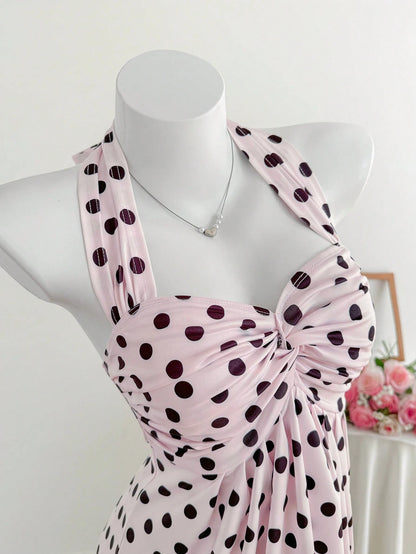 Comfortcana Plus Size Women's Casual Cute Vacation Style Spring/Summer New Elastic Pink Polka Dot Spaghetti Strap Ruched Camisole Vacation