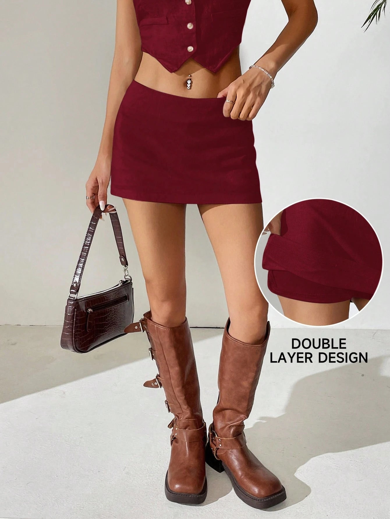 Comfortcana Solid Color Linen Mini Low Waist Skirt, For Summer Burgundy Skirt Red Mini Skirt