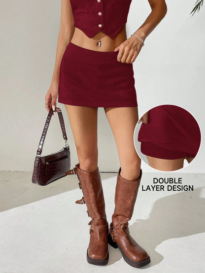 Comfortcana Solid Color Linen Mini Low Waist Skirt, For Summer Burgundy Skirt Red Mini Skirt