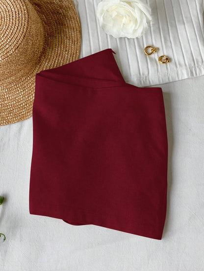 Comfortcana Solid Color Linen Mini Low Waist Skirt, For Summer Burgundy Skirt Red Mini Skirt