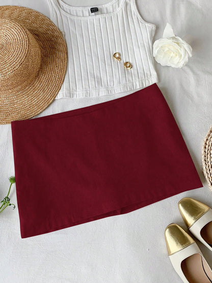 Comfortcana Solid Color Linen Mini Low Waist Skirt, For Summer Burgundy Skirt Red Mini Skirt