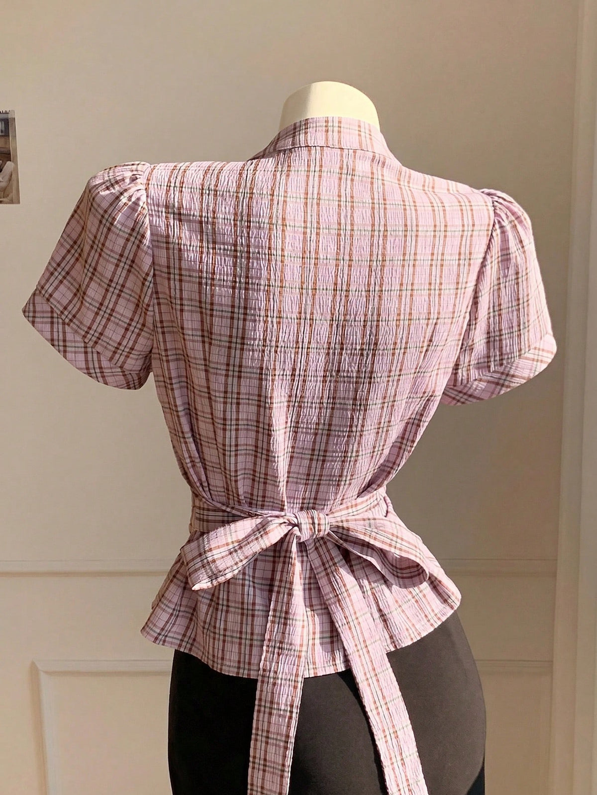 Comfortcana Summer New Women's Plaid Loose 70s Retro Short Sleeve Cinched Shirt, Suitable For Music Festivals, School, Cool, Street, Vintage, Y2K, Casual And Campus Style, Pink Top