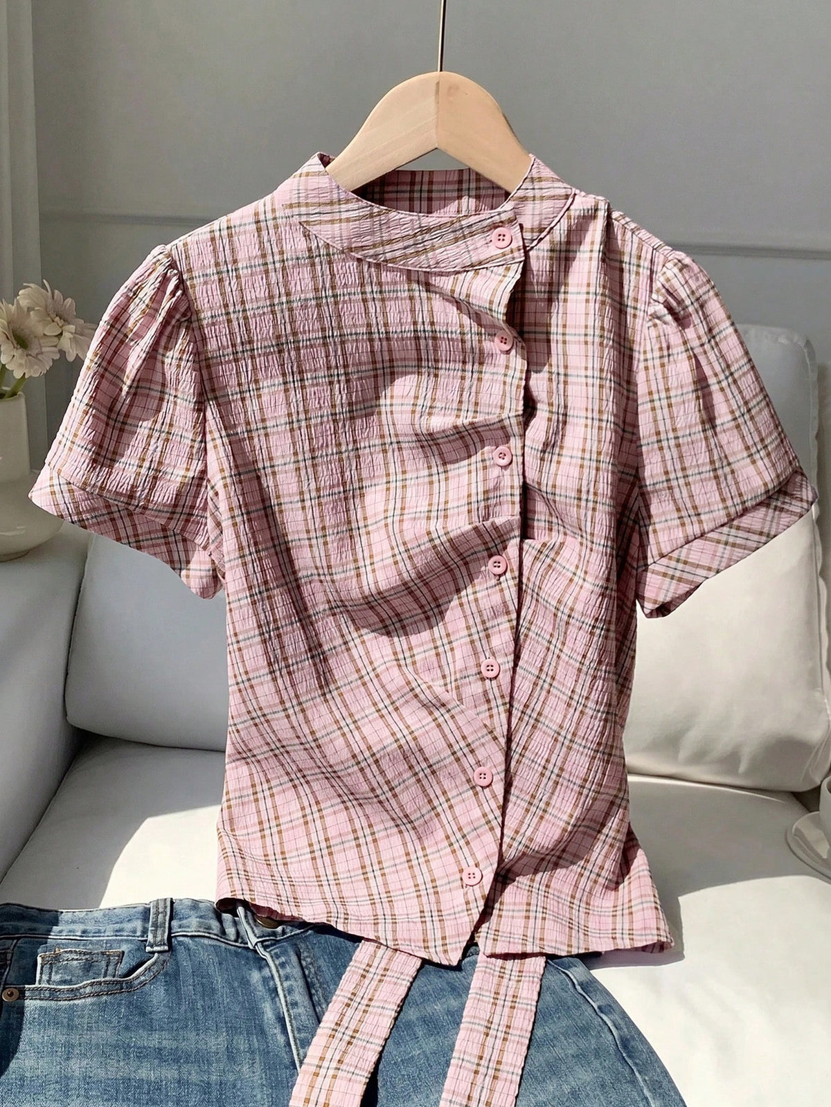 Comfortcana Summer New Women's Plaid Loose 70s Retro Short Sleeve Cinched Shirt, Suitable For Music Festivals, School, Cool, Street, Vintage, Y2K, Casual And Campus Style, Pink Top