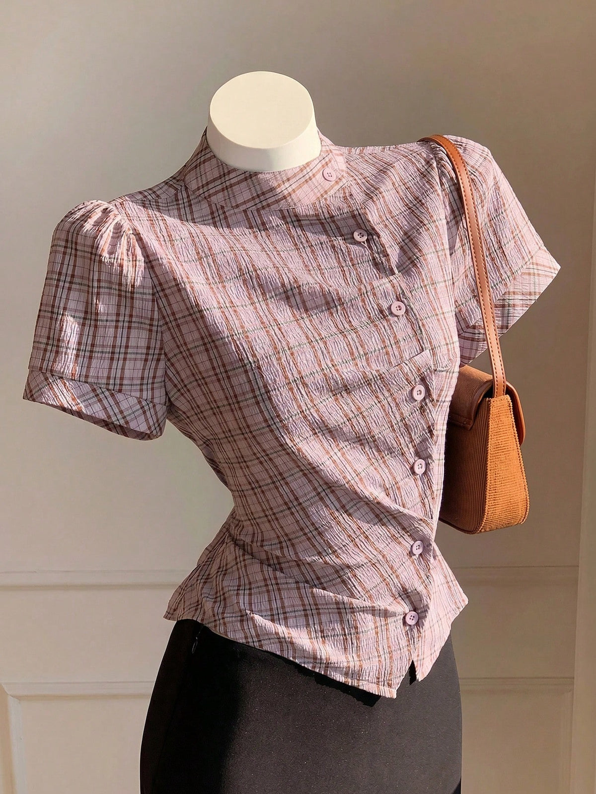 Comfortcana Summer New Women's Plaid Loose 70s Retro Short Sleeve Cinched Shirt, Suitable For Music Festivals, School, Cool, Street, Vintage, Y2K, Casual And Campus Style, Pink Top