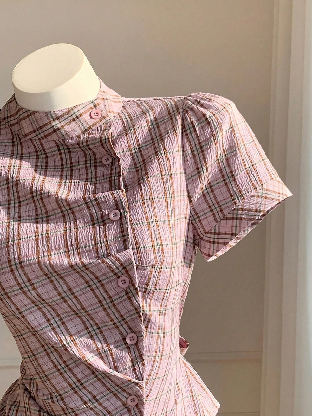 Comfortcana Summer New Women's Plaid Loose 70s Retro Short Sleeve Cinched Shirt, Suitable For Music Festivals, School, Cool, Street, Vintage, Y2K, Casual And Campus Style, Pink Top
